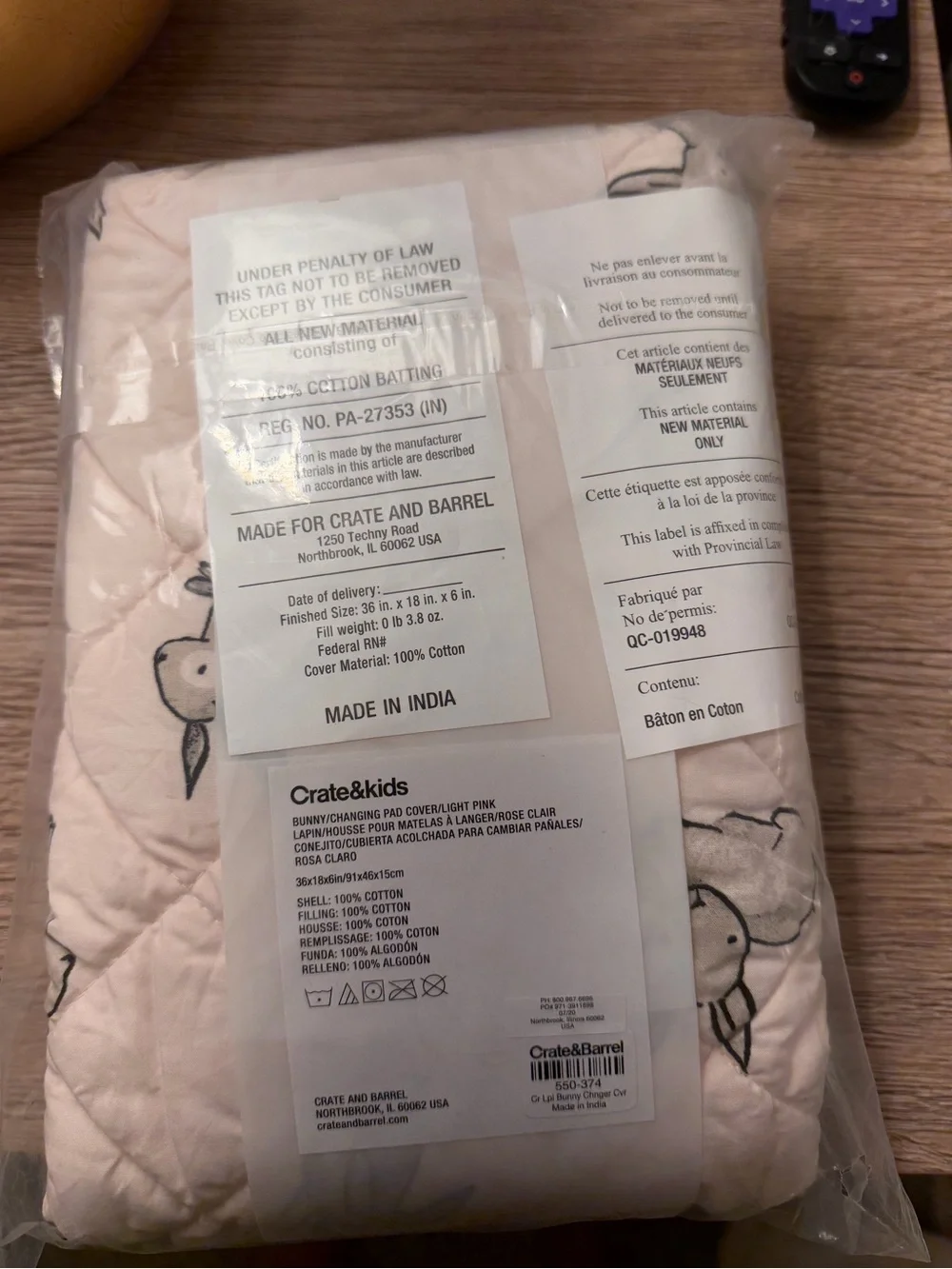 Crate & Kids Bunny Changing Pad Cover - Light Pink