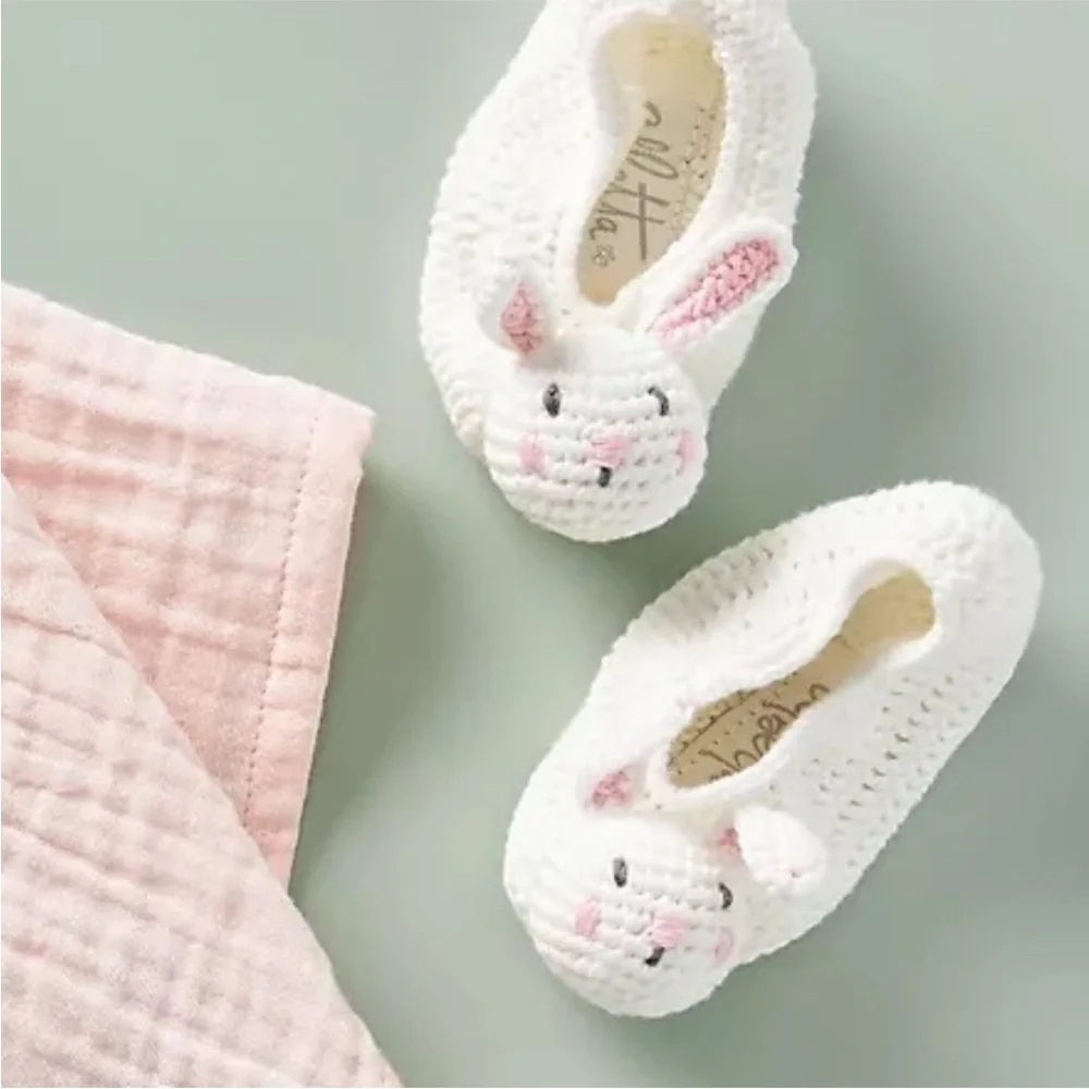 Anthropologie Albetta Bunny Rabbit Crochet Slippers Shoes, Spring Socks White