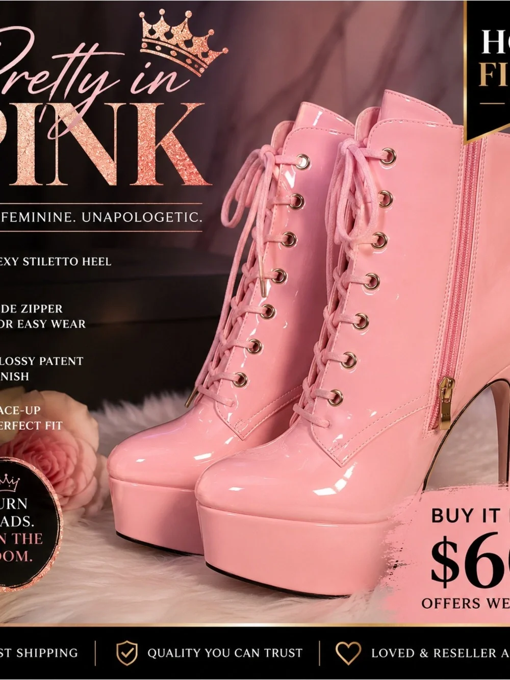 NEW Pink Patent Lace-Up Platform Stiletto Ankle Boots | Side Zip | Size 8.5