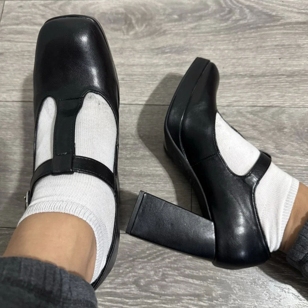 BAMBOO Black Academia Platform‎ Mary Jane Pumps Chucky Heel 9 Faux Leather Y2K