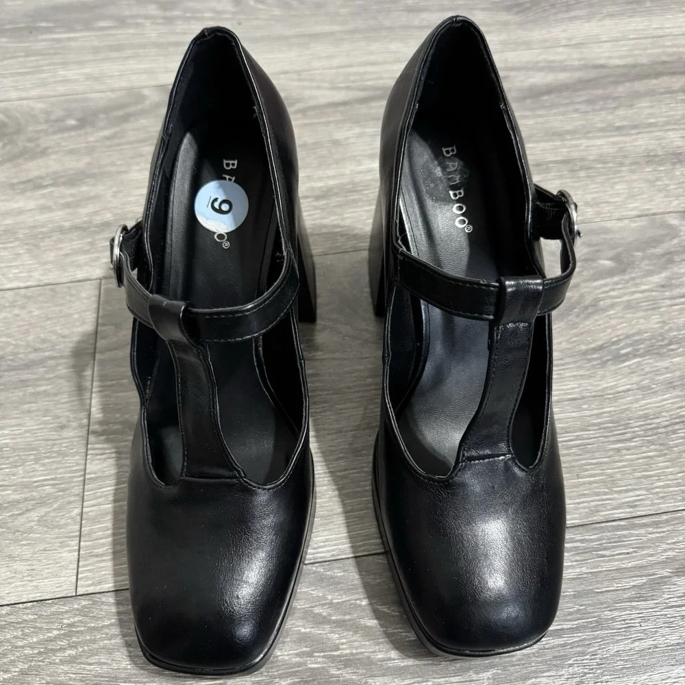 BAMBOO Black Academia Platform‎ Mary Jane Pumps Chucky Heel 9 Faux Leather Y2K