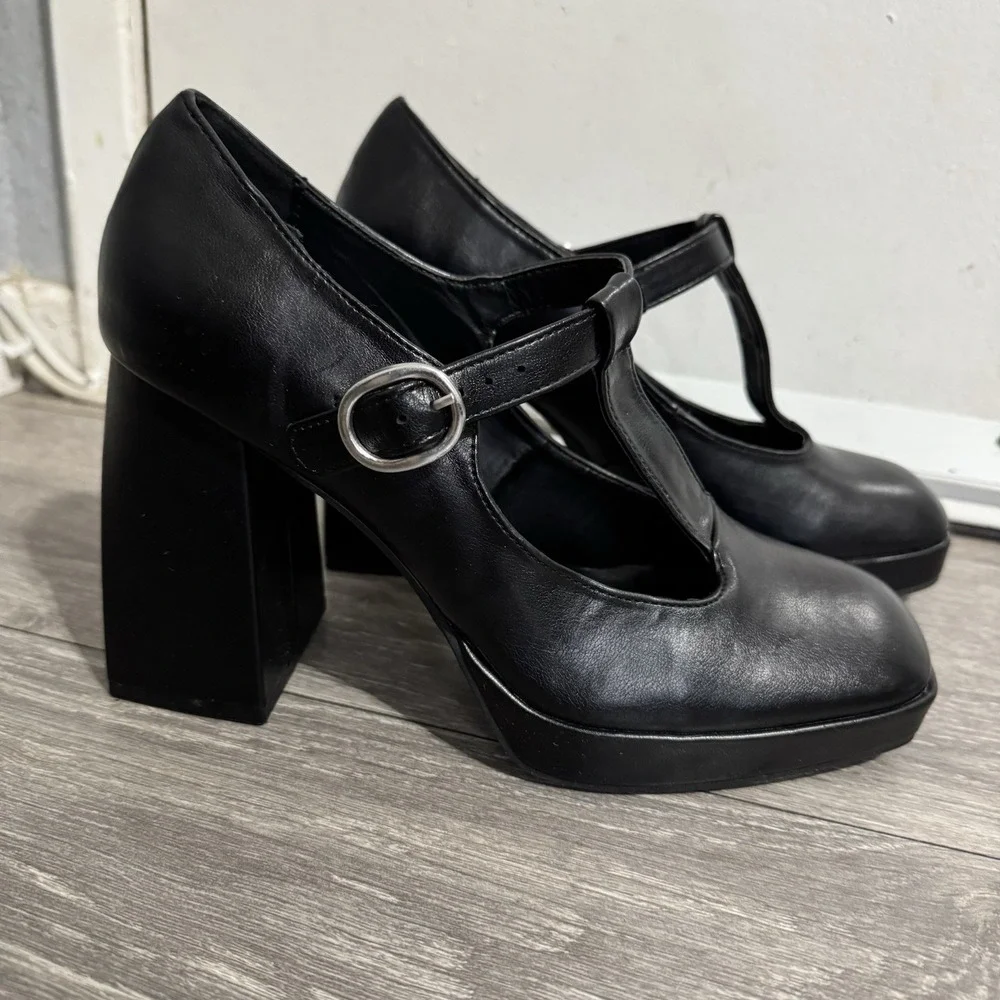 BAMBOO Black Academia Platform‎ Mary Jane Pumps Chucky Heel 9 Faux Leather Y2K