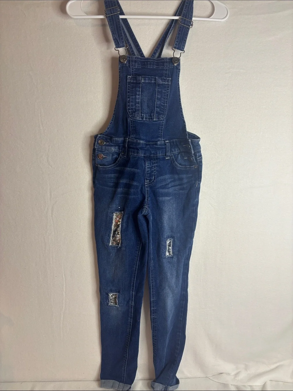 Justice Dark Blue Denim Overalls with Distressed Accents