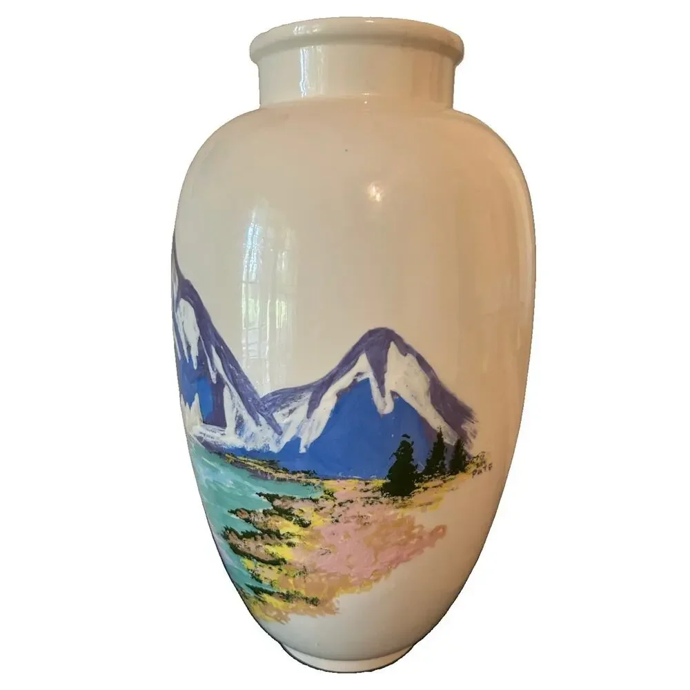 Vtg Hand-Painted Eggshell Porcelain 9.5” Vase Raised Mountain River Landscape