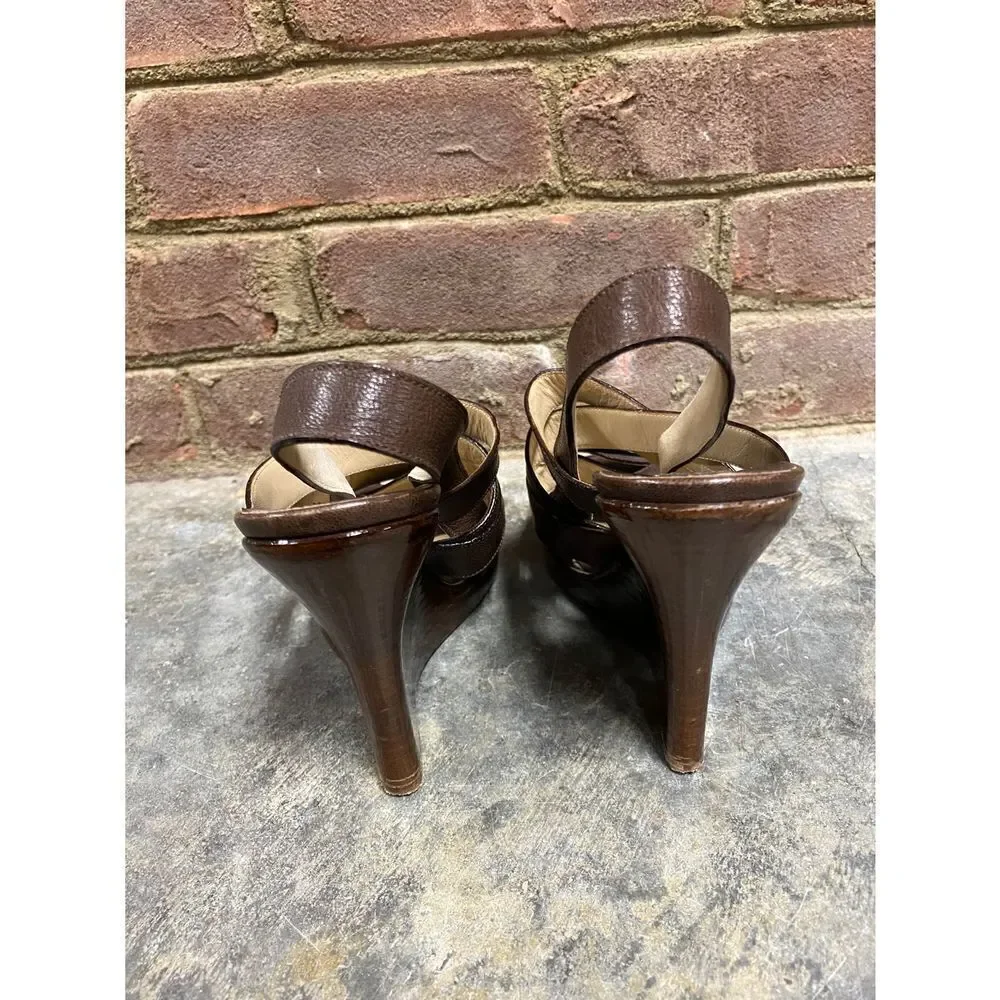 Michael Kors Brown Leather Strappy Platform Wedge Sandal Size 7