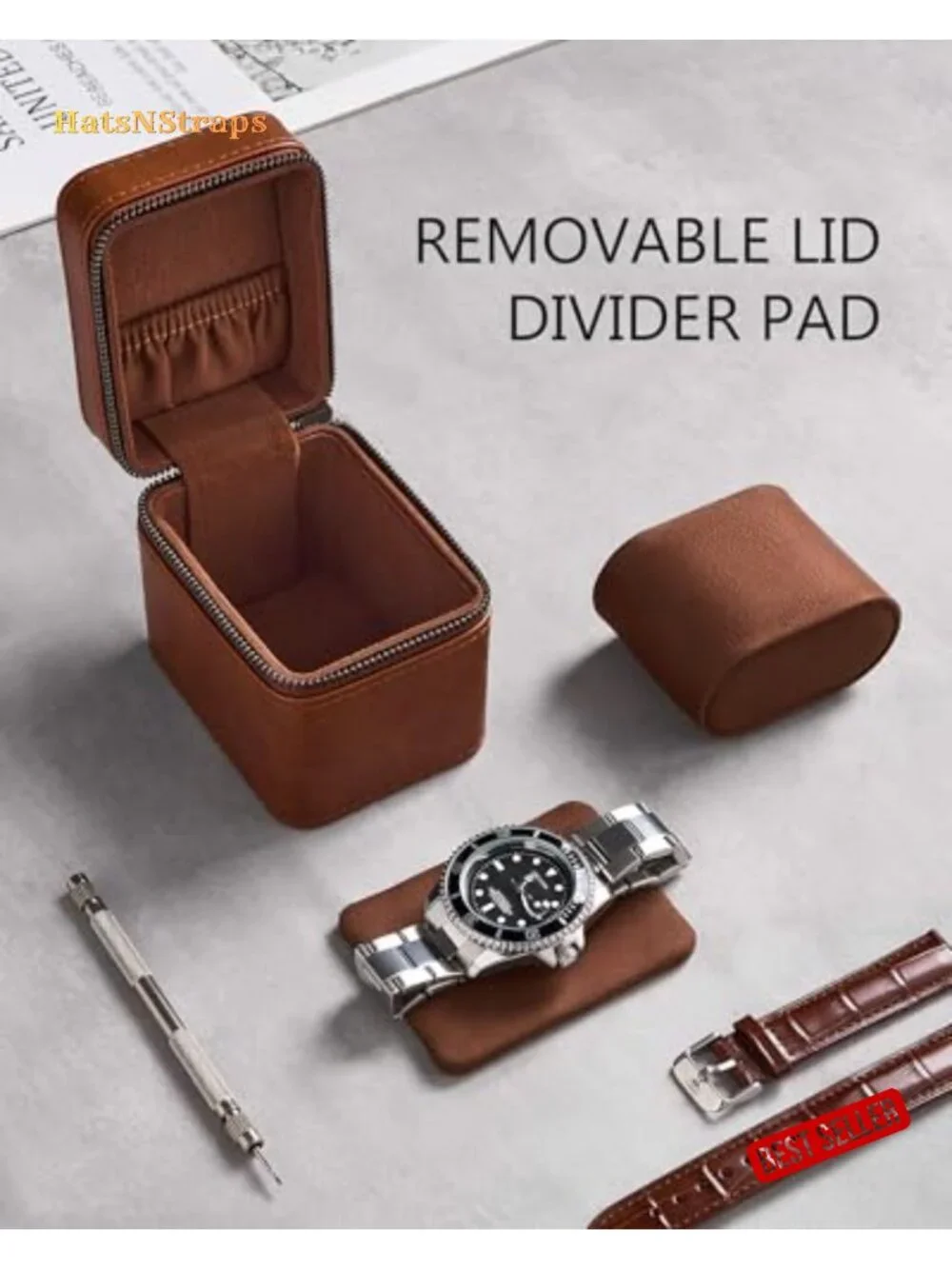 Single Watch Travel Case with Jewelry Compartment - PU Leather