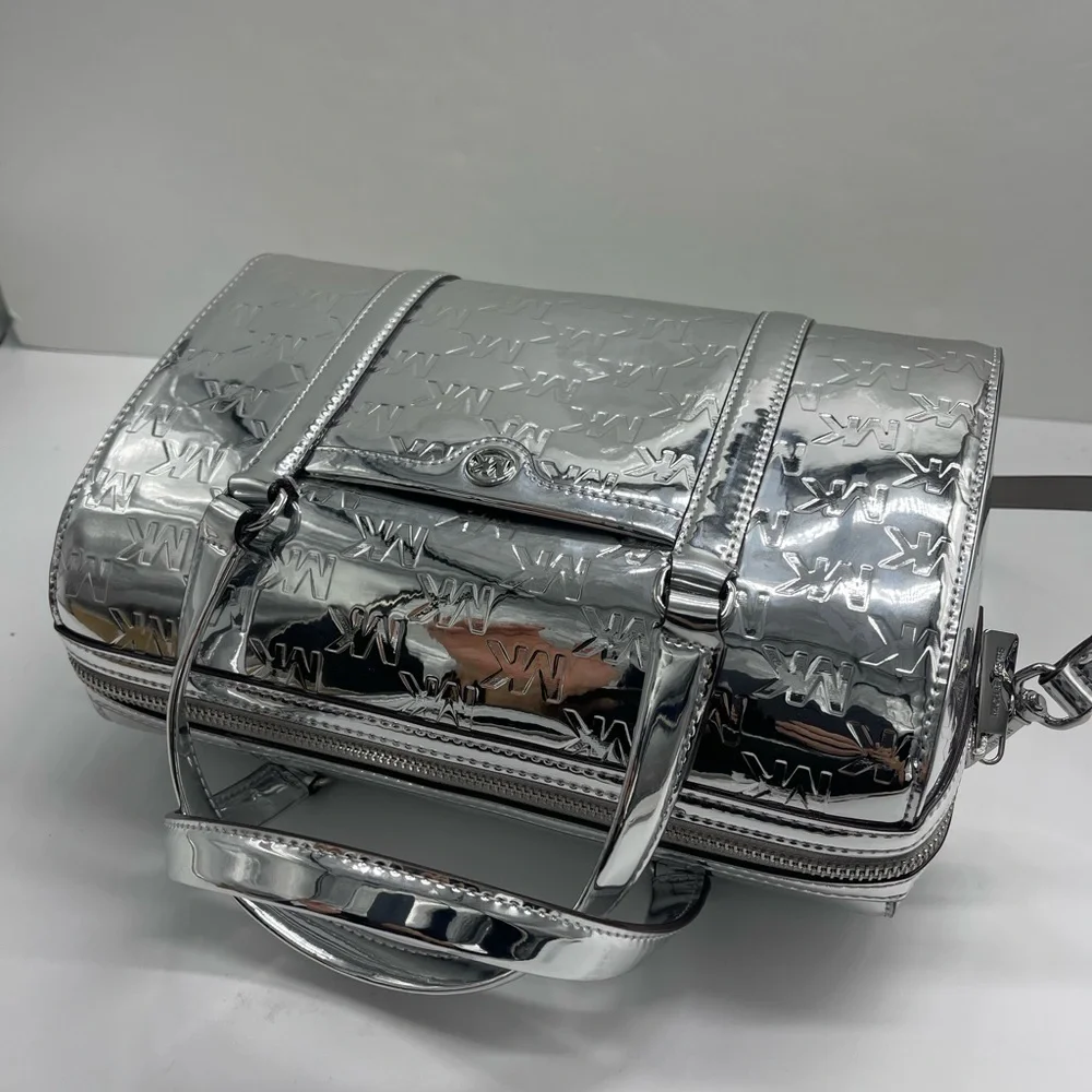 MICHAEL KORS Jet Set Medium Patent Logo Debossed Duffel Crossbody Bag Silver NWT