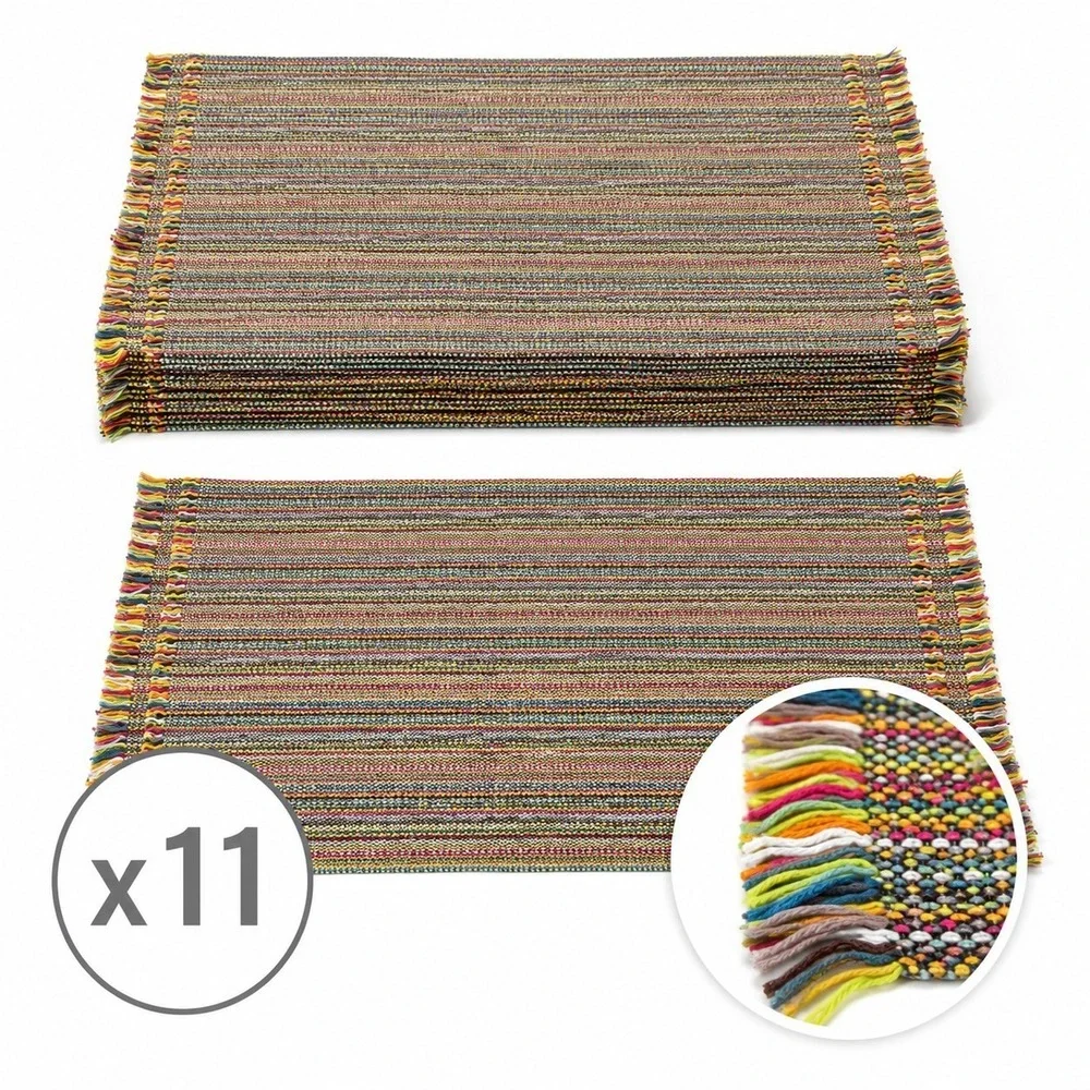 (×11) Crate & Barrel Placemats Mercado Woven Fringe Multicolor Striped Cotton