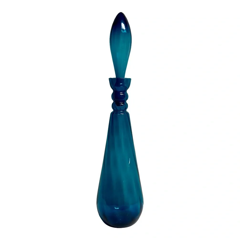 Mid-Century Italian Azure Blue Tall Glass Decanter 26”H
