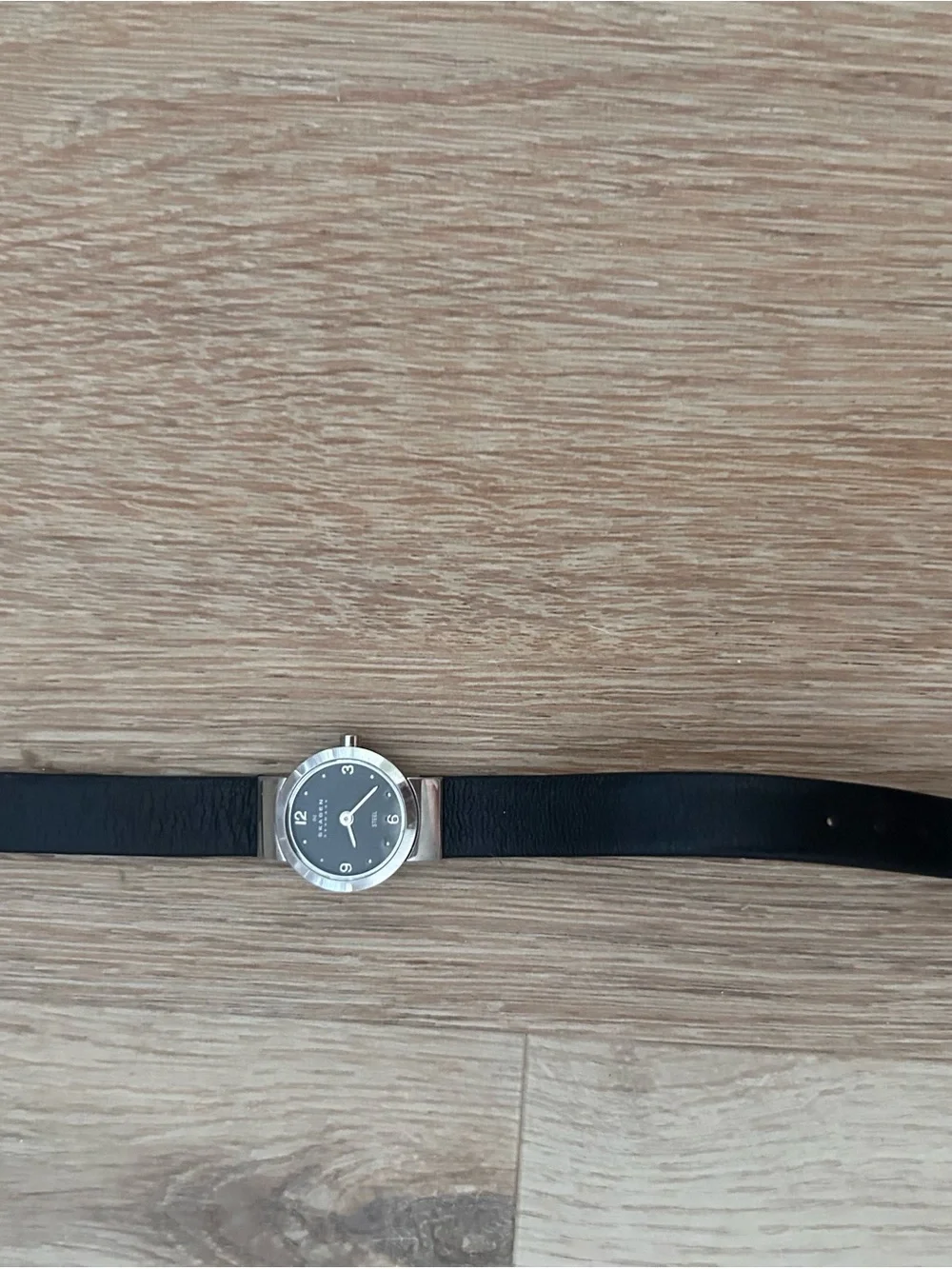 Skagen Denmark Steel Watch Black Leather Strap Silver Petite Round Minimalist