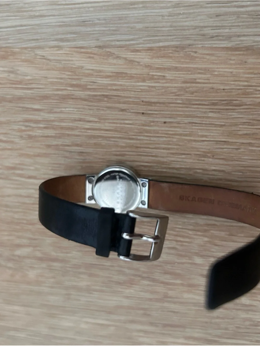 Skagen Denmark Steel Watch Black Leather Strap Silver Petite Round Minimalist