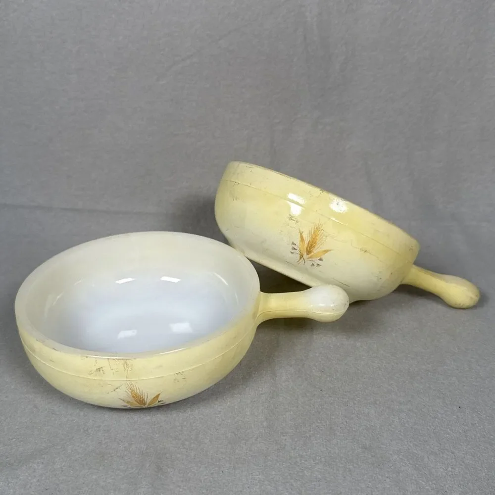 2 Vintage Glasbake Soup Bowls Milk Glass Yellow Wheat  Fair Condition