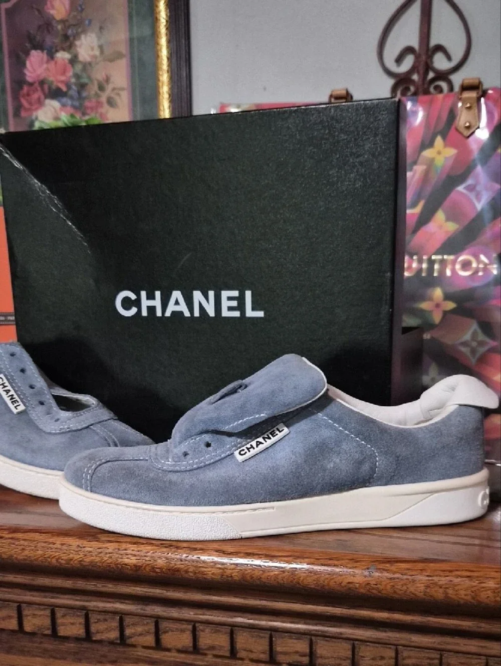 Chanel Women's Suede Low-Top Sneakers in Slate Blue