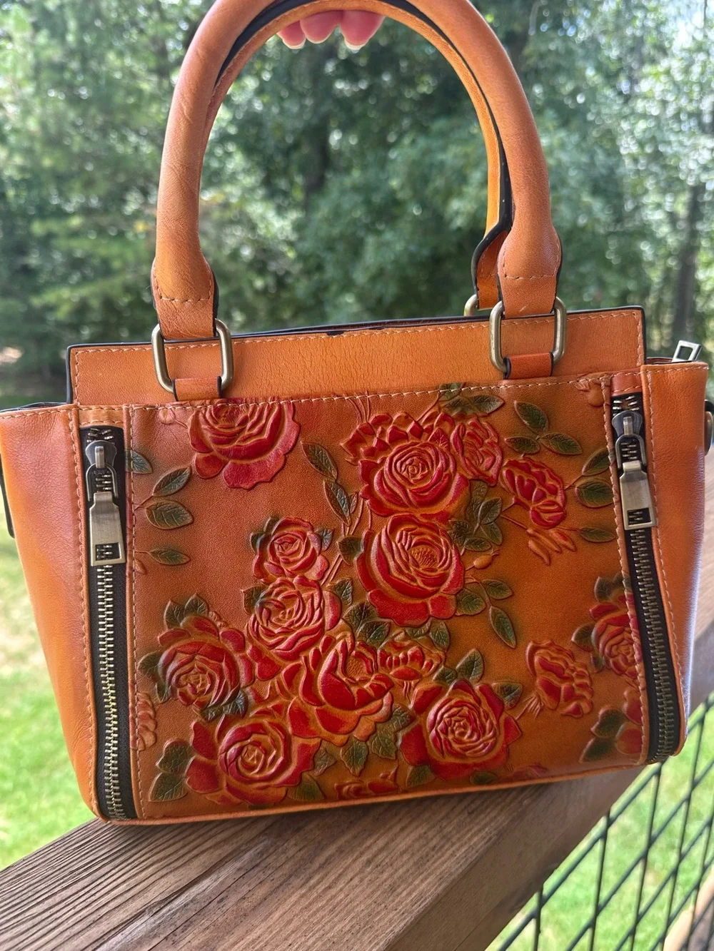 Women's Orangey brown Floral Embossed Leather Satchel