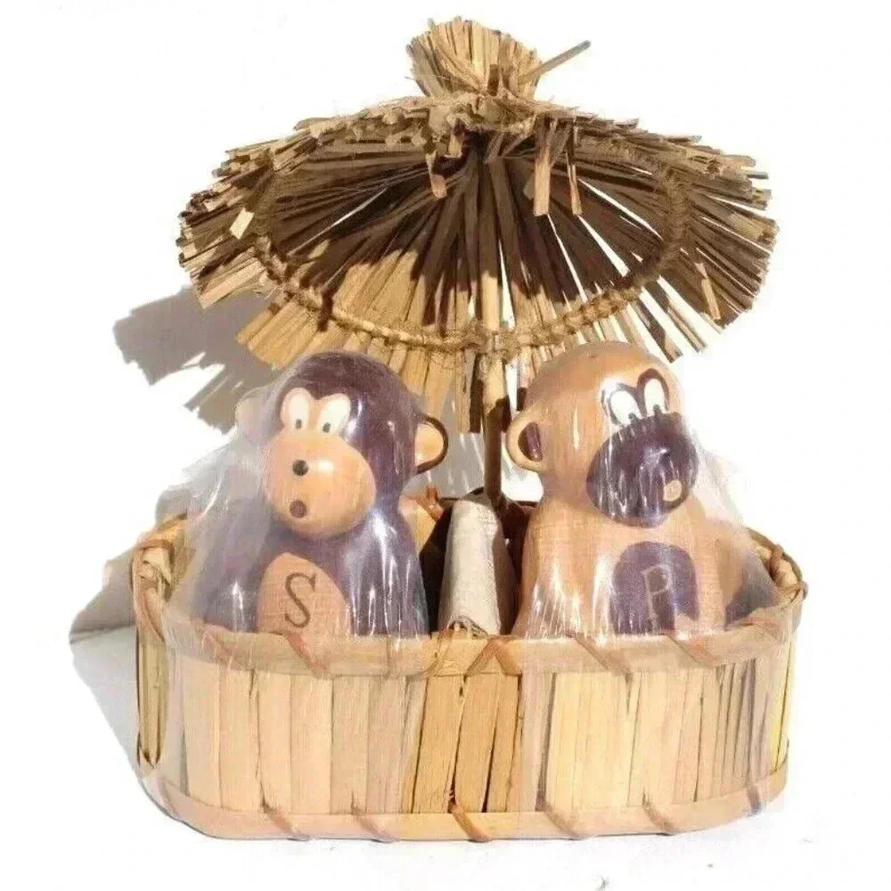 Vintage Table Top Monkeys Salt N' Pepper Set Cabana W/ Umbrella
