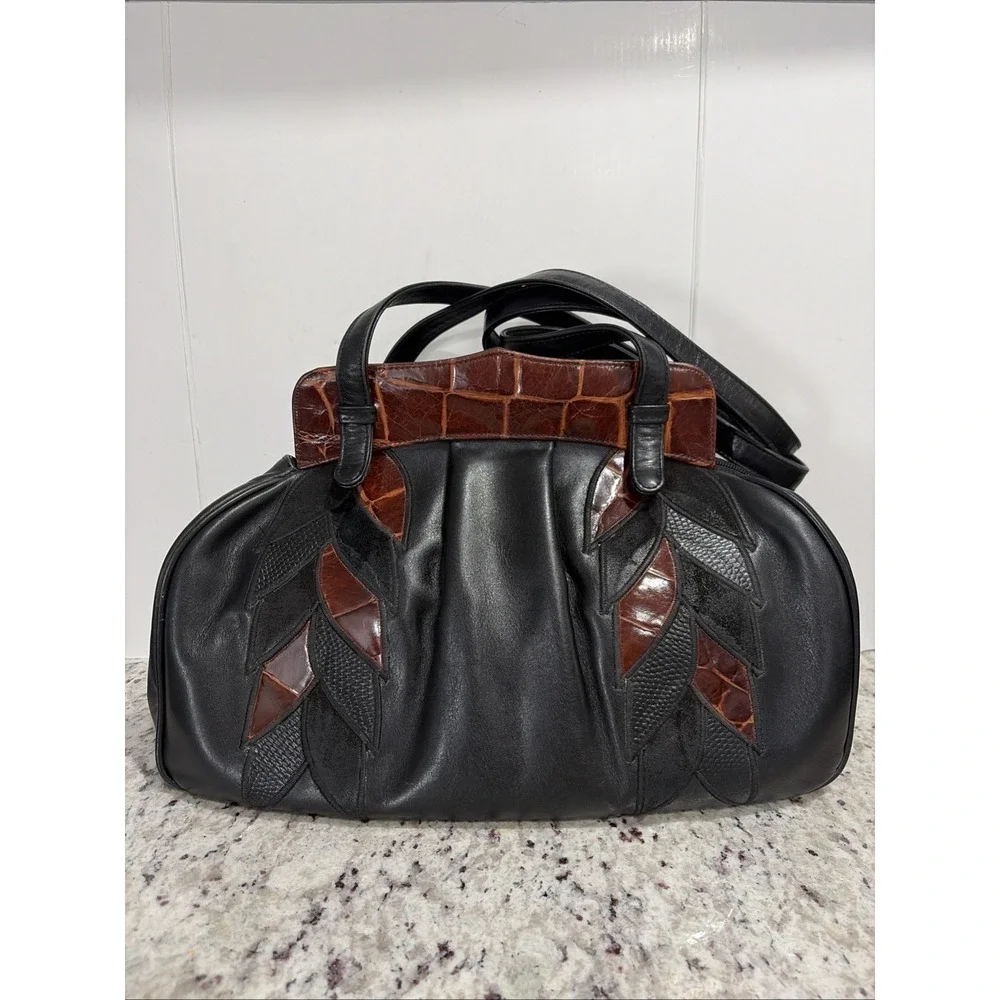 VTG Susan Gail Bellido Spain Black Leather Brown Croc Patchwork Leaf 1980s Bag