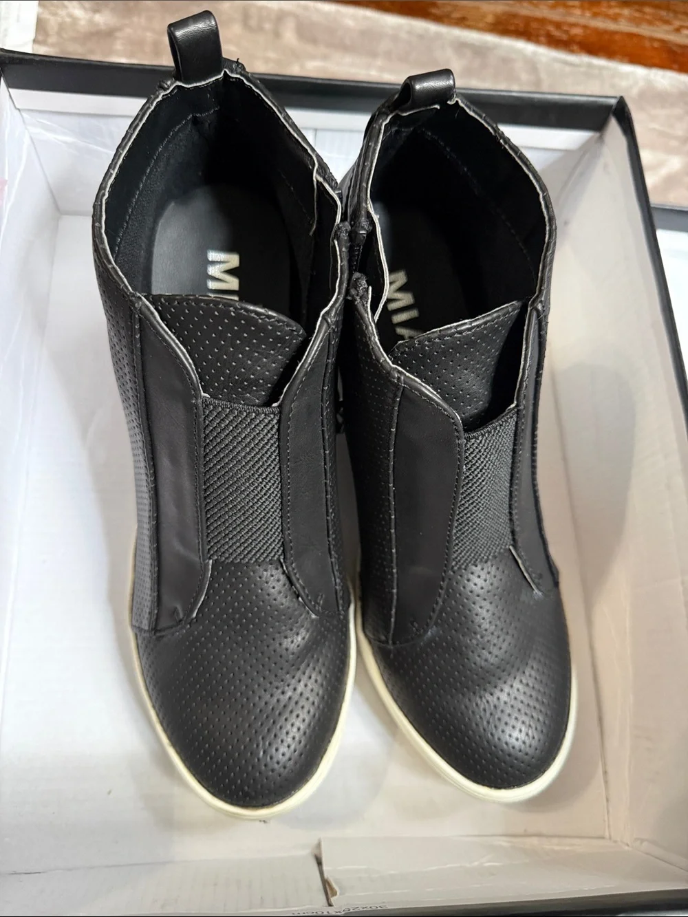 MIA Black Perforated Wedge Sneakers with Side Zipper