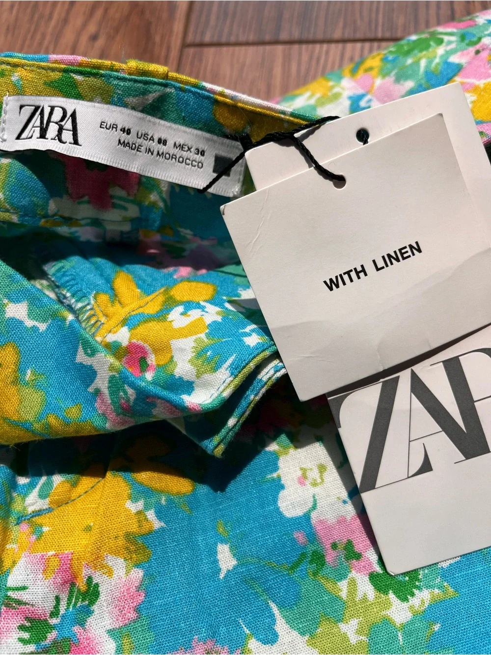 Zara Turquoise Floral linen-blend pants with Pink & Yellow Accents