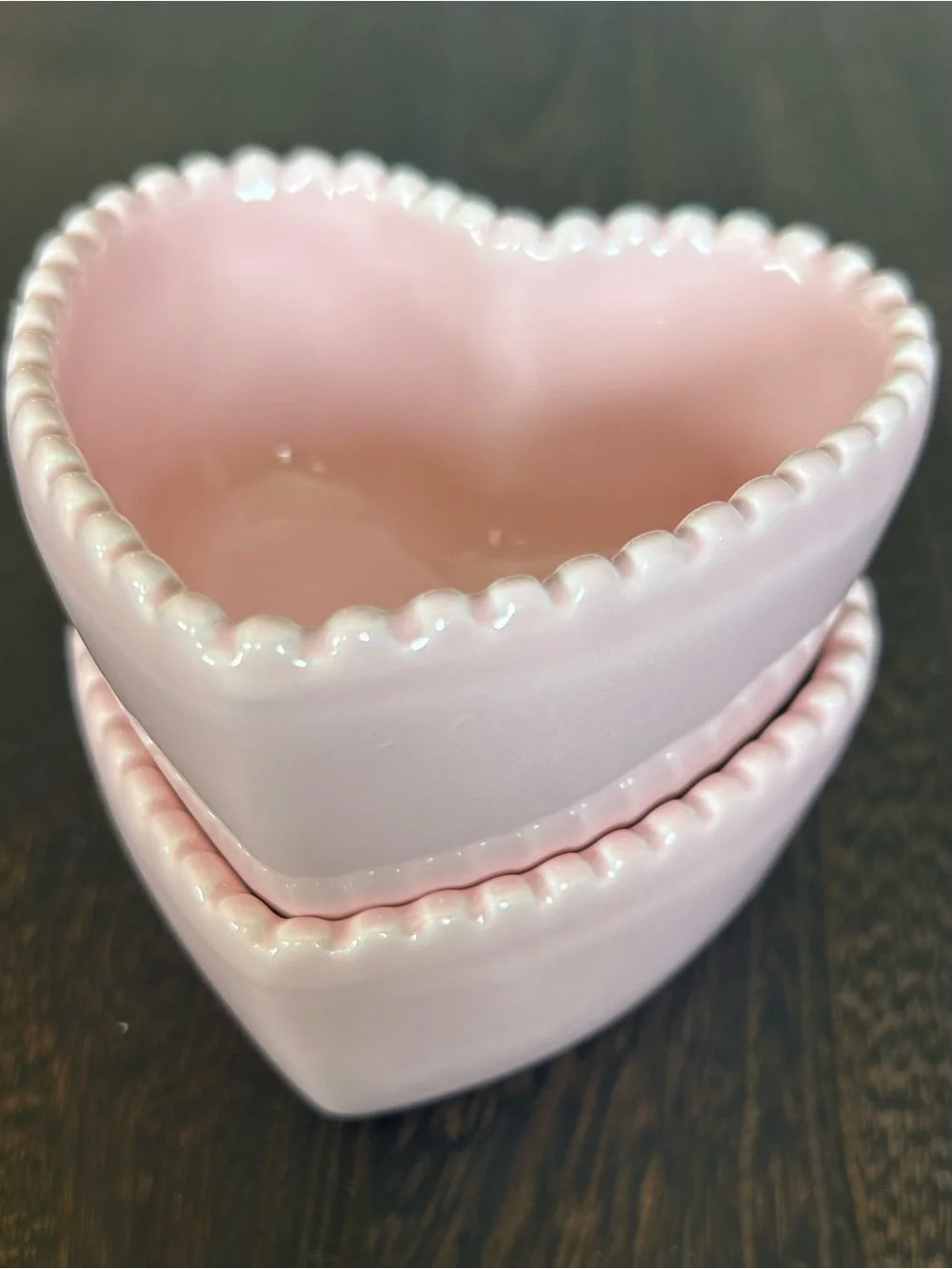 Set of 2 Pink Heart Shaped Ceramic Bowls Beaded Rim Ramekins Trinket Dishes