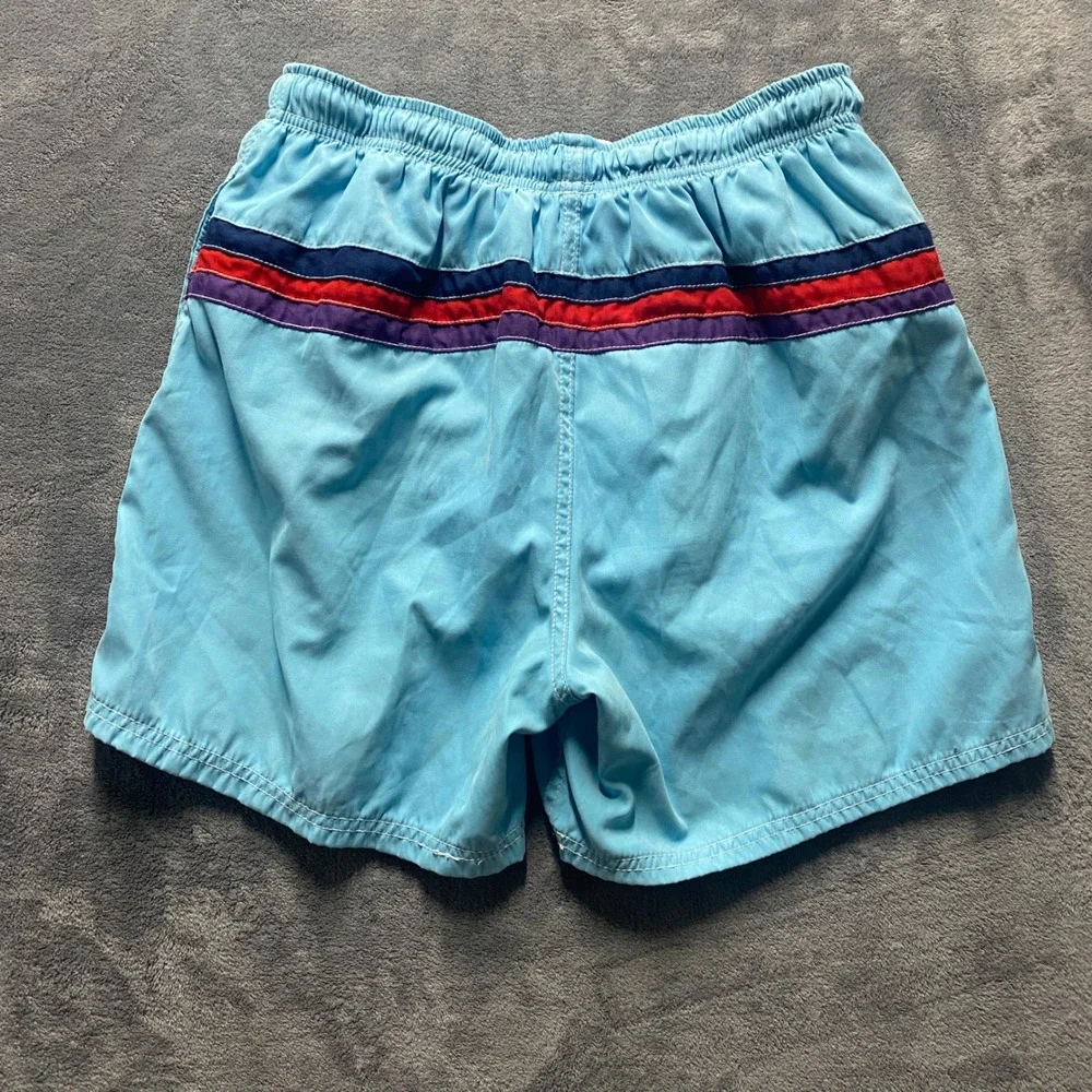 No Age Swim Trunks Mens XL Light Blue Striped Board Shorts Retro Mesh Lined