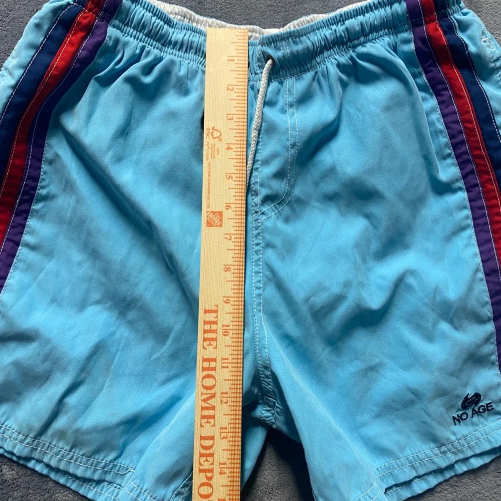 No Age Swim Trunks Mens XL Light Blue Striped Board Shorts Retro Mesh Lined