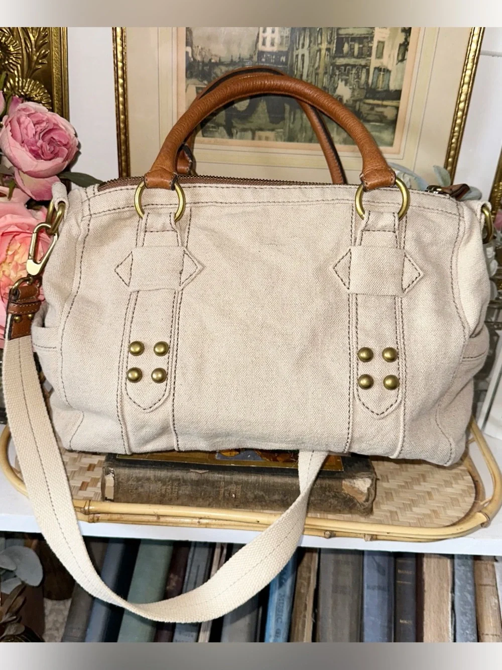 Fossil Maddox satchel handbag in beige canvas with tan leather handles, Key Fob