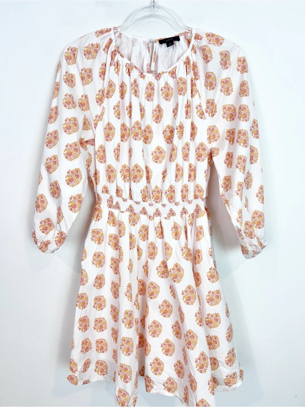 J. CREW WHITE LONG SLEEVE FIT & FLARE DRESS ORANGE FLORAL PRINT SZ MEDIUM