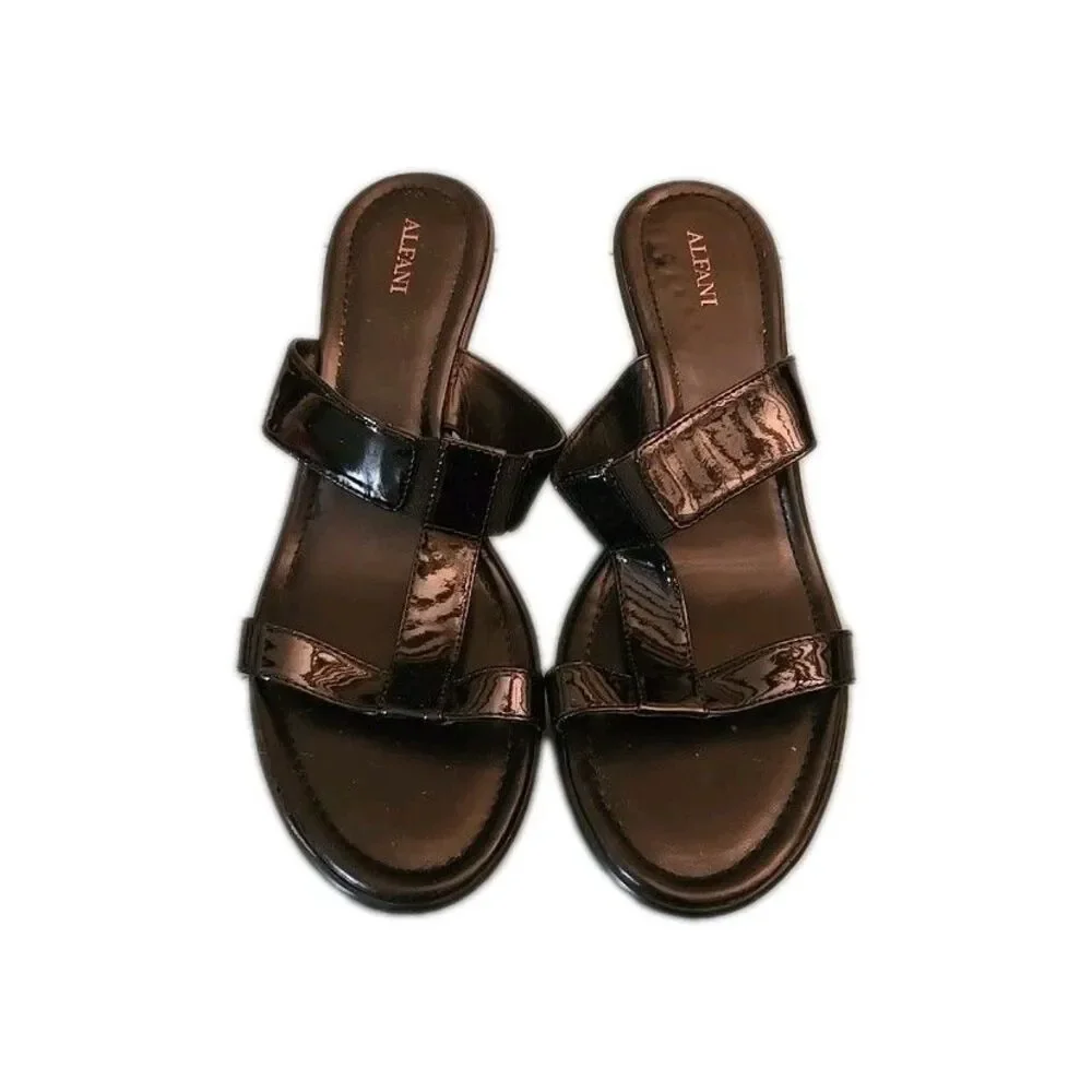 Alfani 9M Women's Black Patent Leather Slip On Wedge Double Strap Sandals Heel