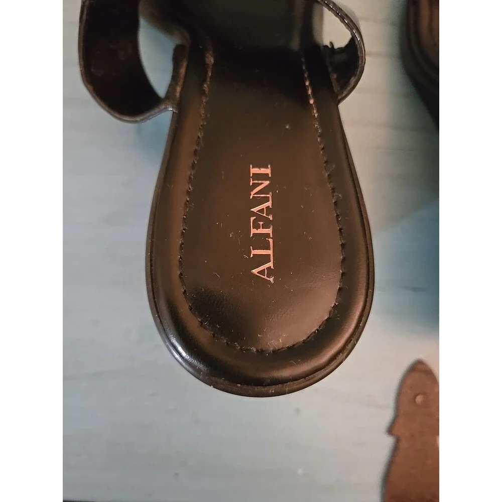 Alfani 9M Women's Black Patent Leather Slip On Wedge Double Strap Sandals Heel