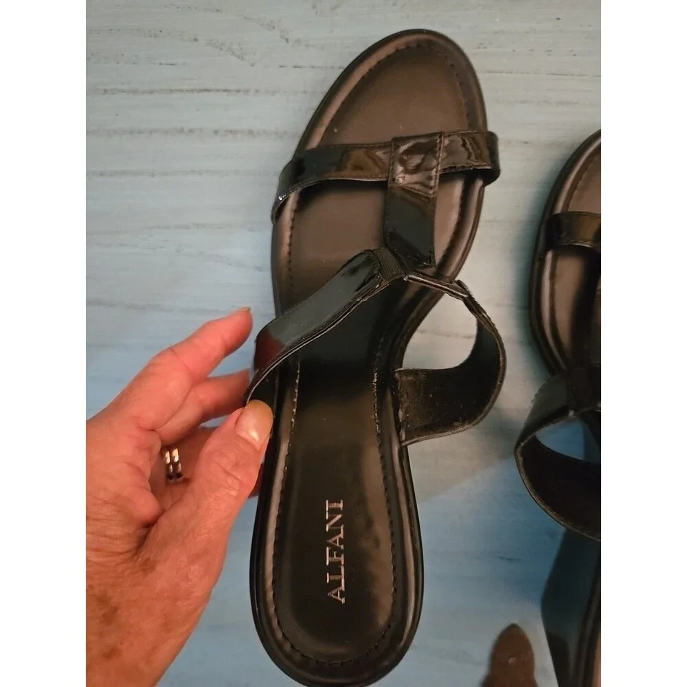 Alfani 9M Women's Black Patent Leather Slip On Wedge Double Strap Sandals Heel