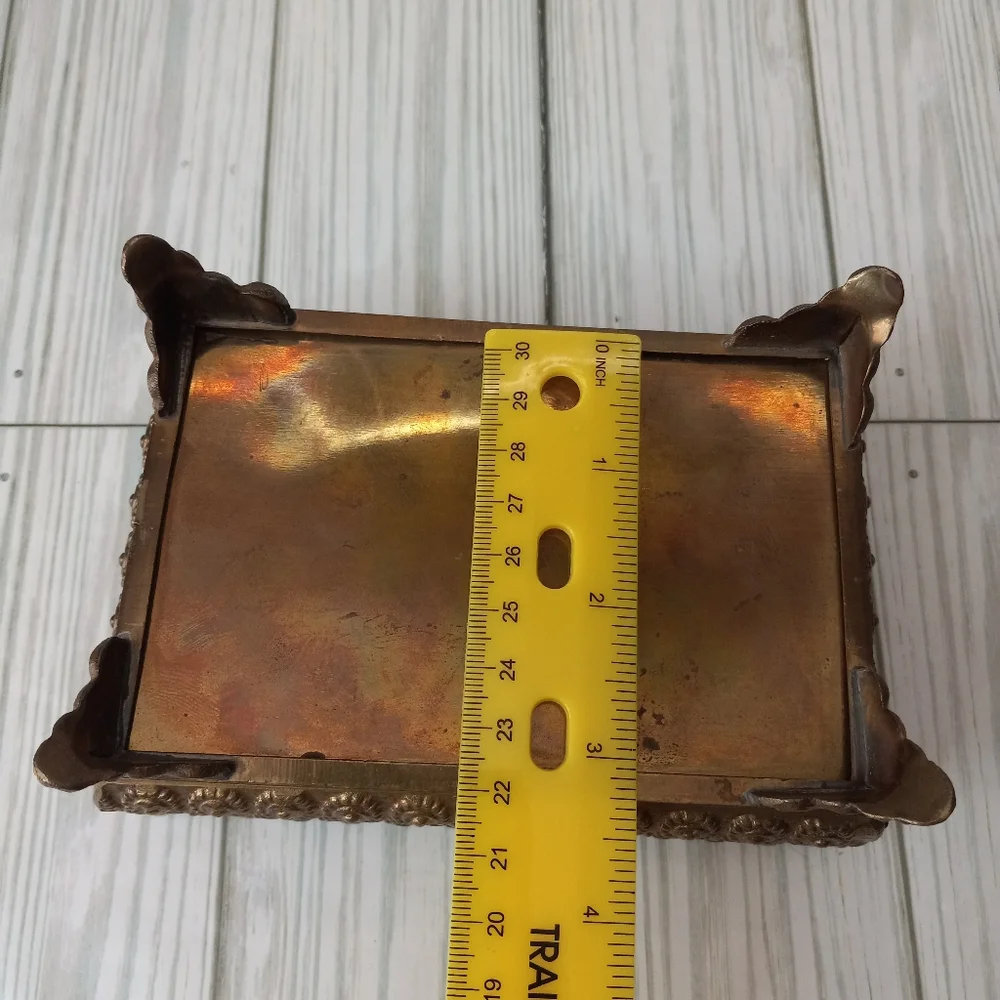 Vintage Hollywood Regency Solid Brass Ornate Footed Vanity Jewelry Trinket Box