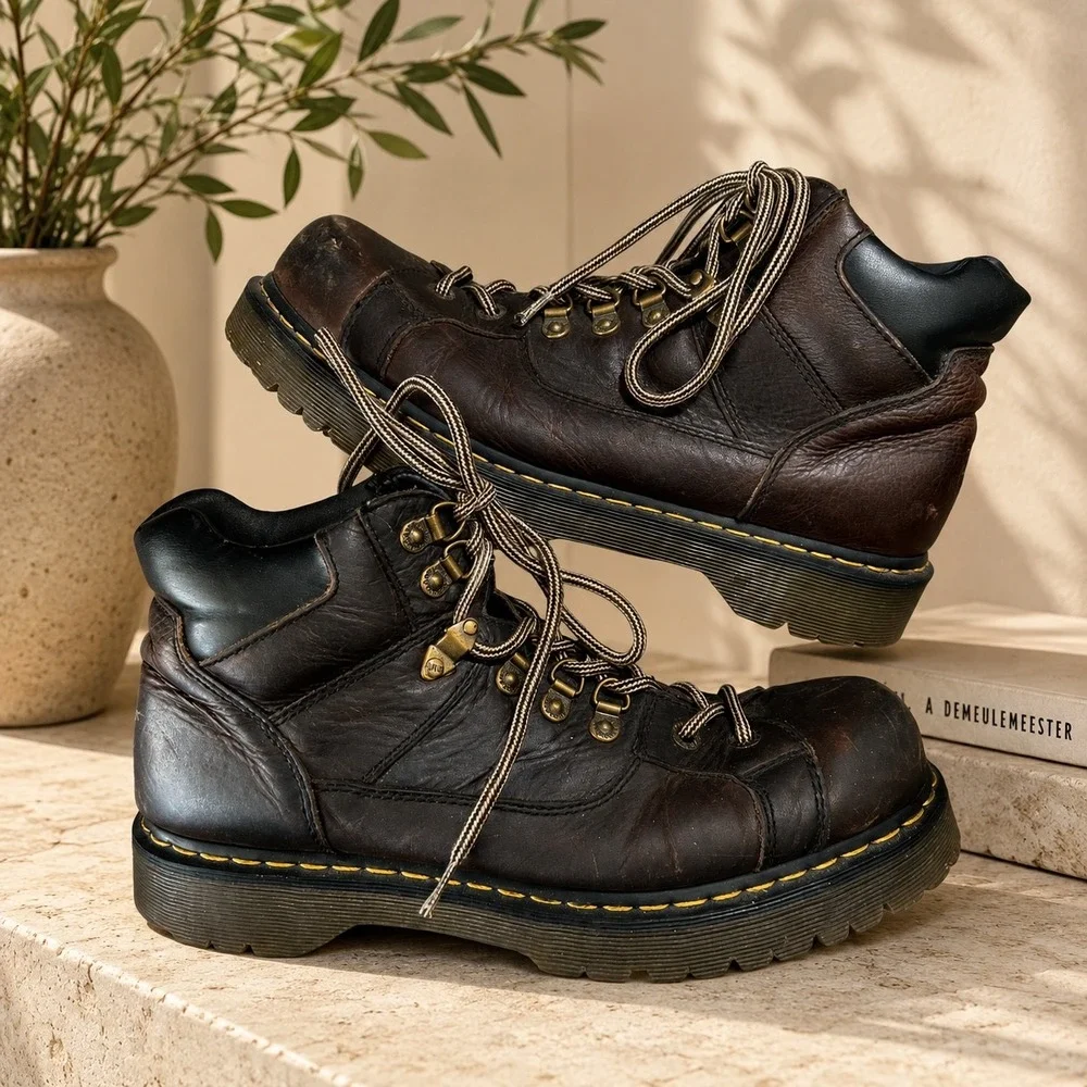 Dr Martens Mens Dark Brown Leather Hiker Boots Size 12 Lug Sole Vintage 90s Punk