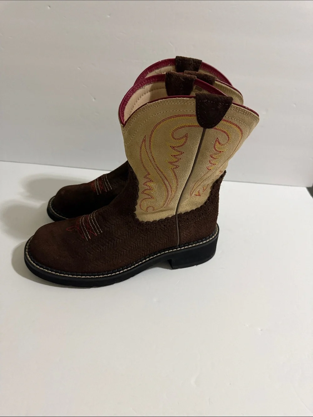 Ariat Brown, Cream and Pink Western Ankle Booties