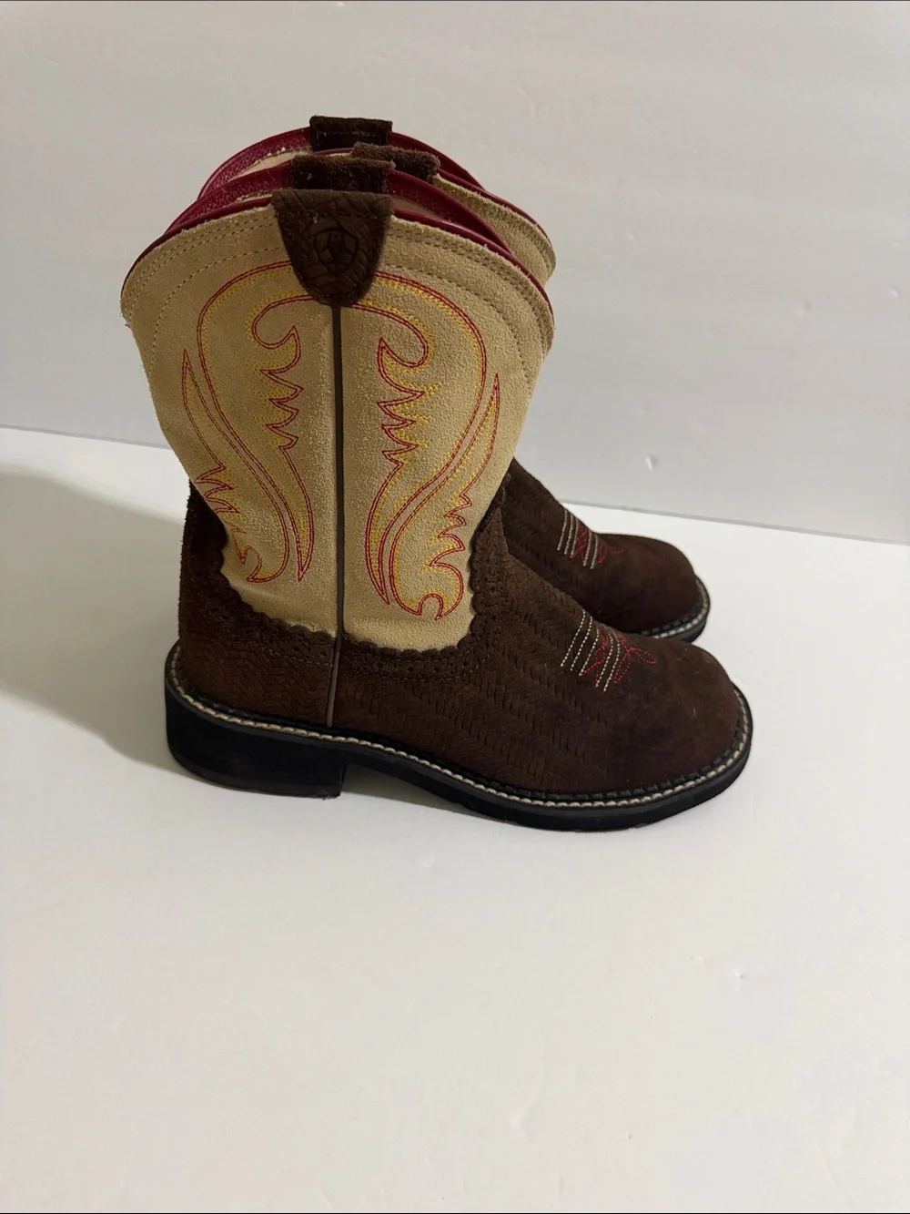 Ariat Brown, Cream and Pink Western Ankle Booties