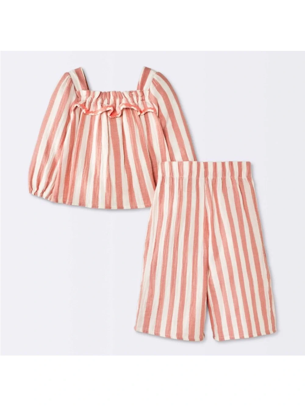 Striped Gauze Coral Top and White Two-Piece Set