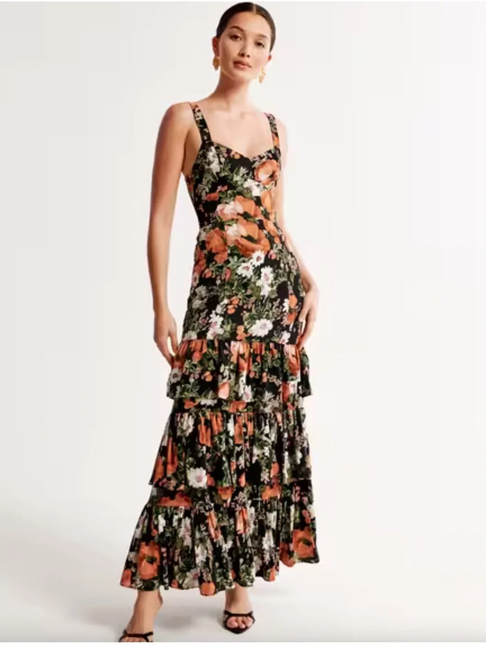 Abercrombie & Fitch Ruffle Tiered Maxi Dress Black Floral with Orange & Green