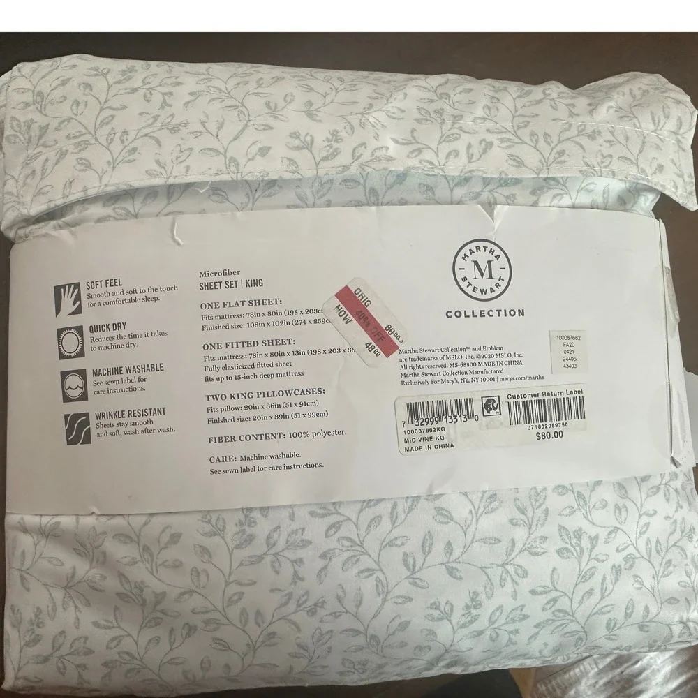 NEW Martha Stewart Essentials‎ Microfiber King Sheet Set Slate Blue Floral Vine