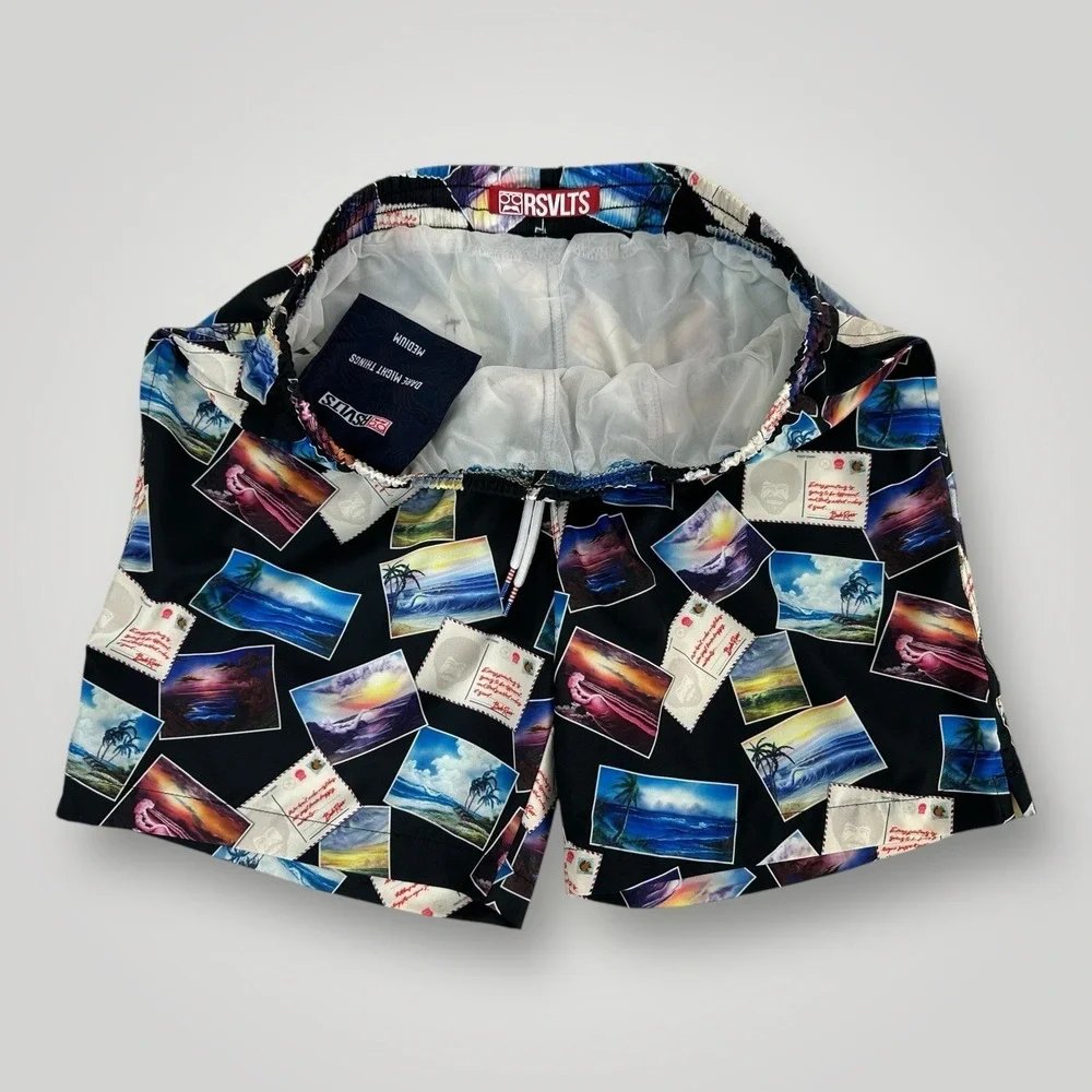 RSVLTS Bob Ross Postcards Swim Trunks Shorts Men's Size MEDIUM‎ Mesh Lined