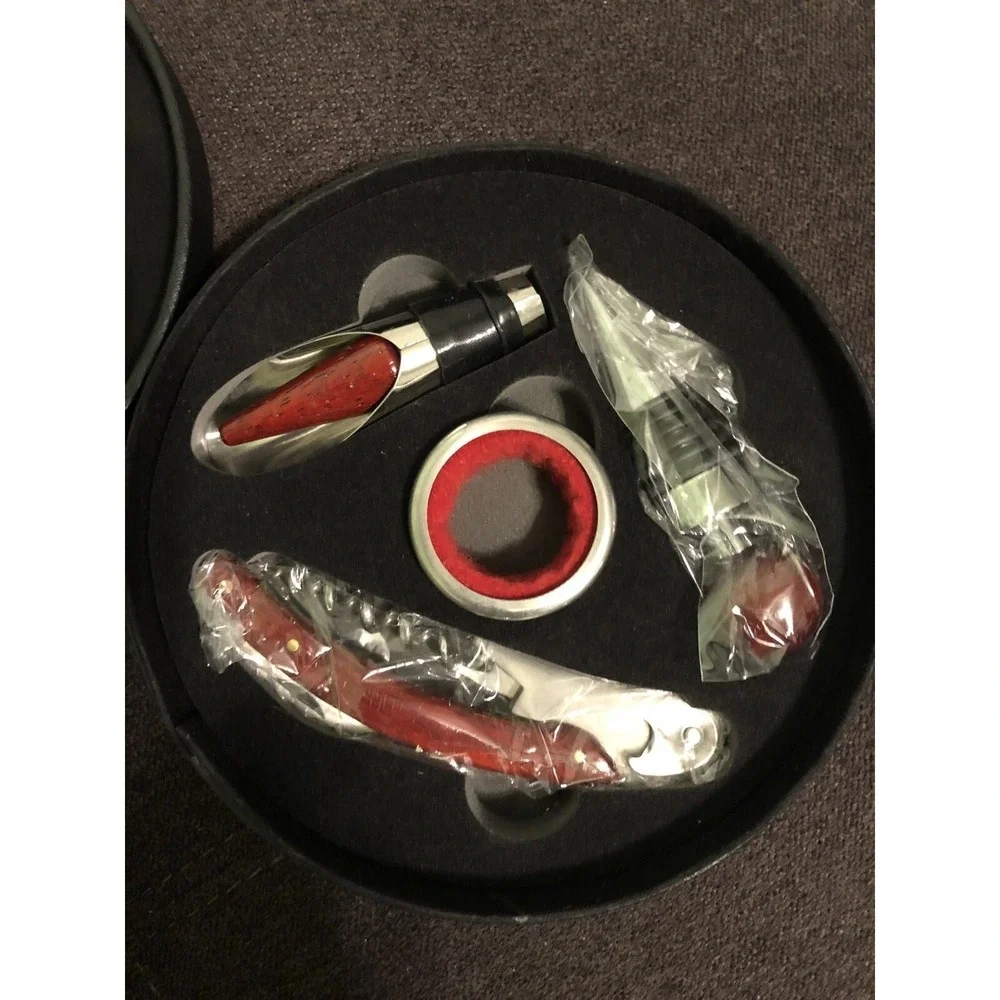 Wine Opener Kit 4 Pcs‎ Set In Leather Round Case New Bar Tools