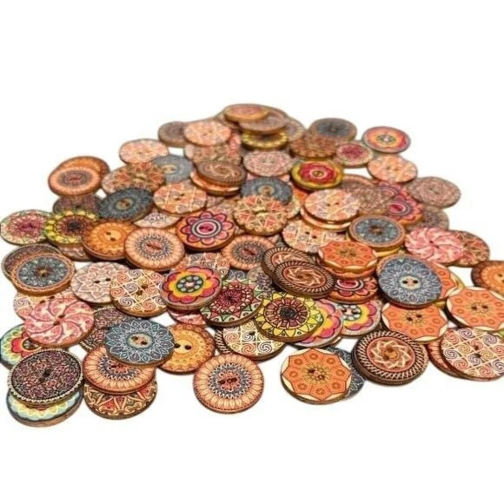130 Assorted Round Vibrant Wood Buttons Boho Mandala Patterns Crafting Sewing‎