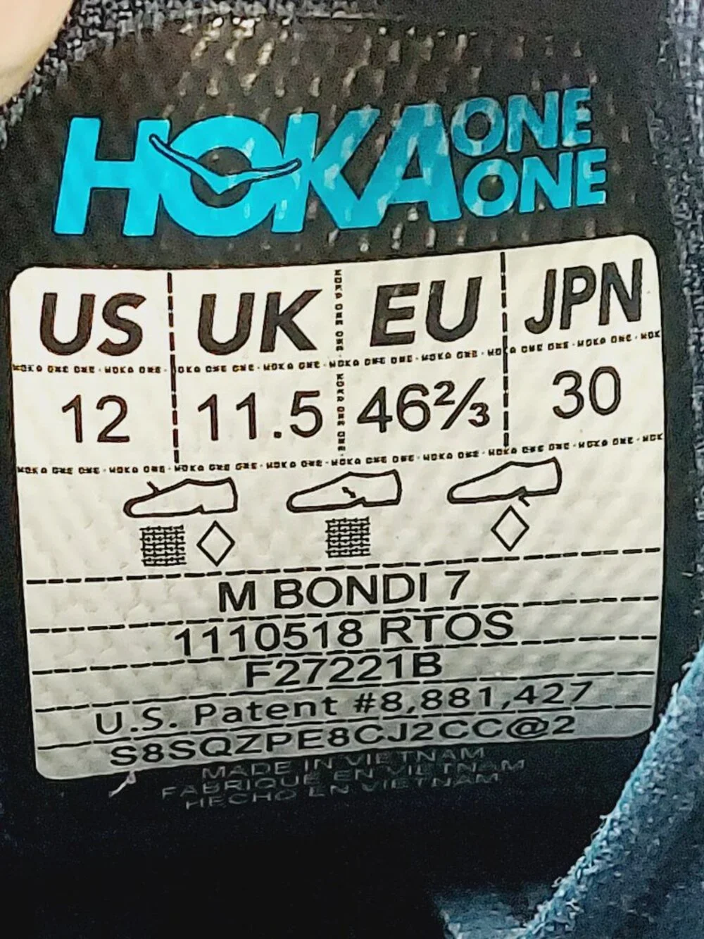 Hoka One One Bondi 7 Men's Real Teal Outer Space Lace-Up Running Shoes Size 12