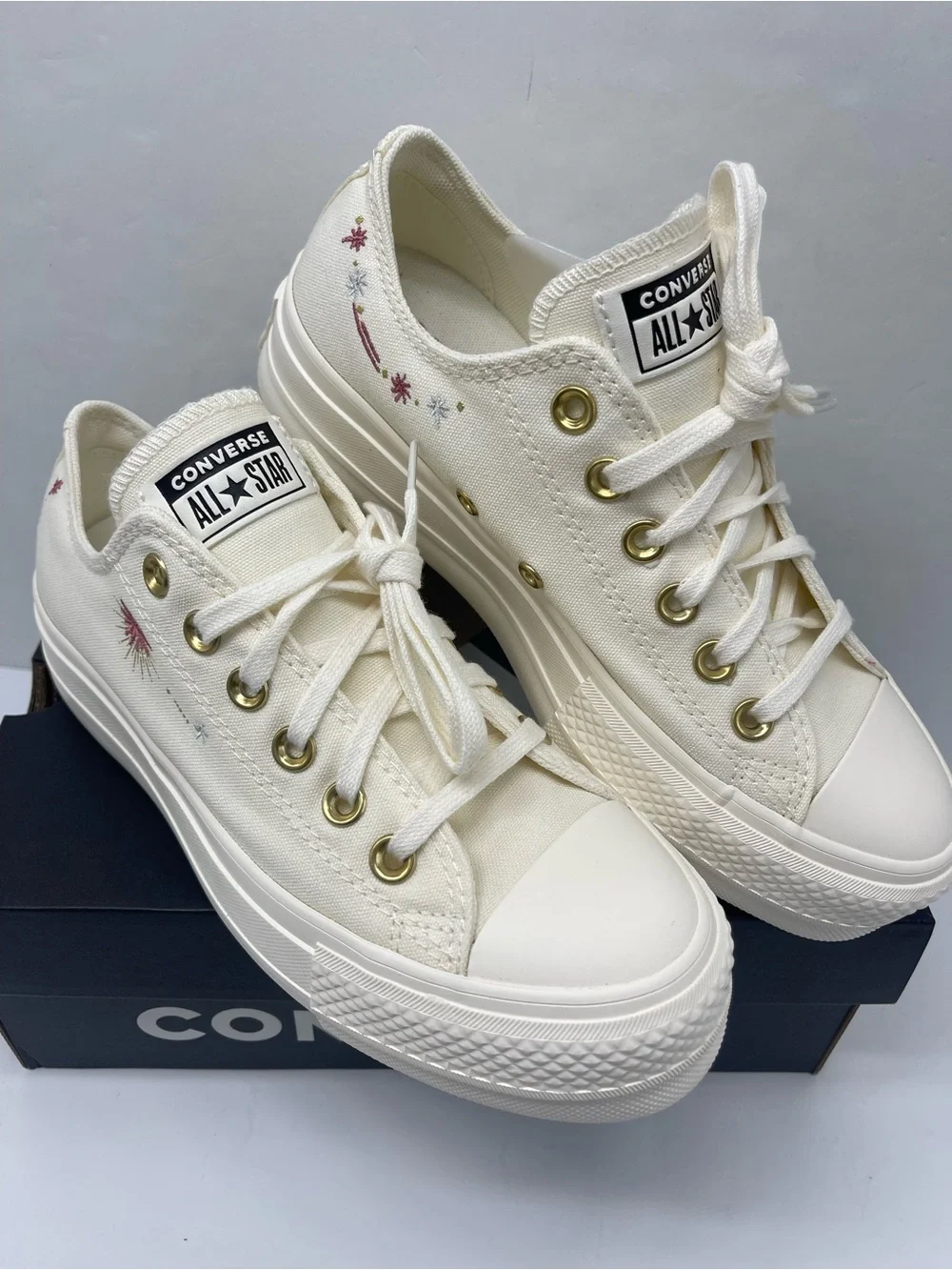 Converse STAC LIFT OX Platform Low Top Sneakers in Cream with Embroidered EGRET