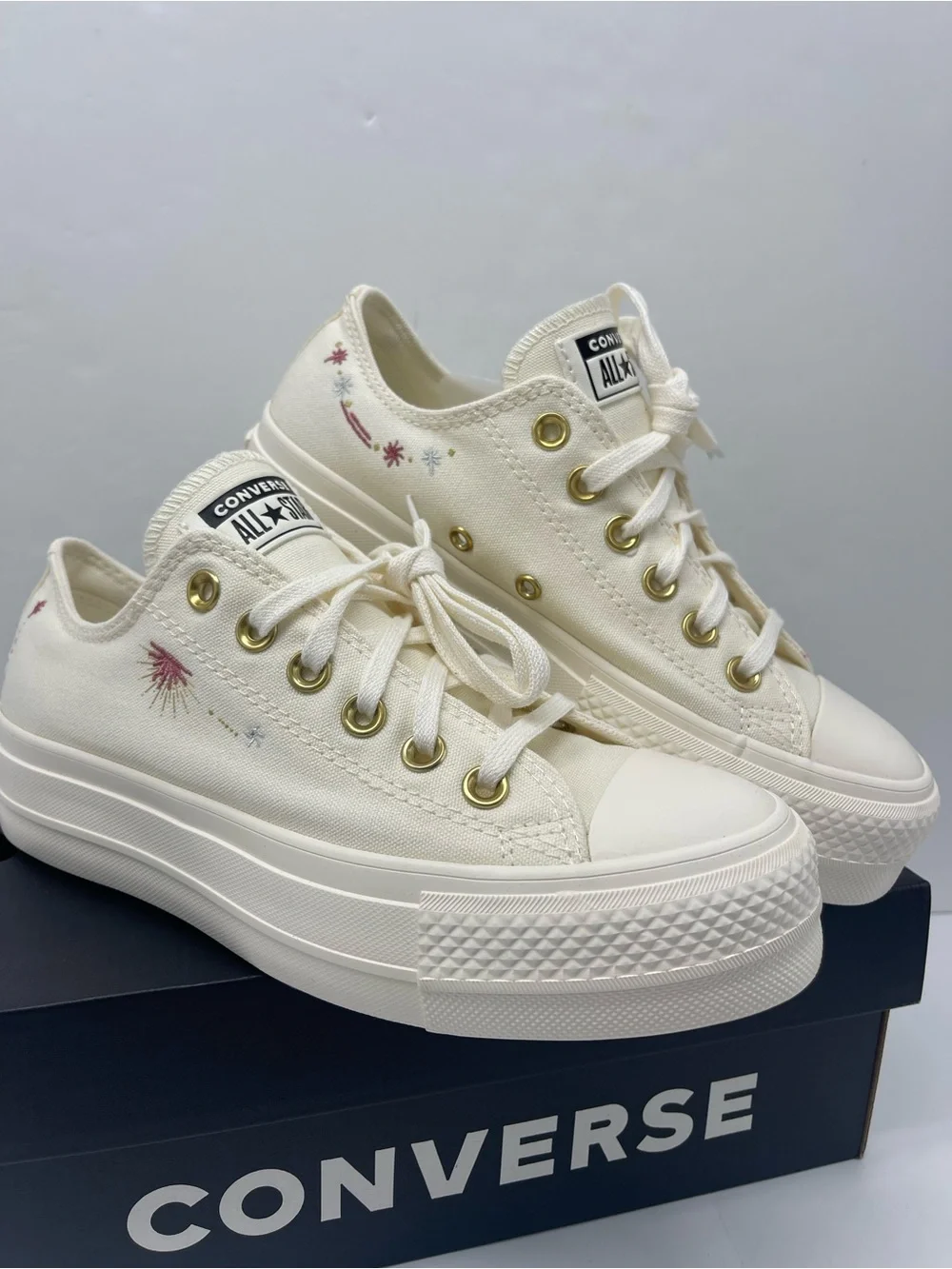 Converse STAC LIFT OX Platform Low Top Sneakers in Cream with Embroidered EGRET