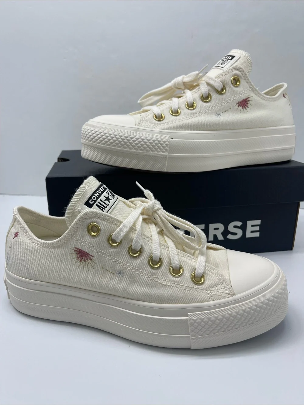 Converse STAC LIFT OX Platform Low Top Sneakers in Cream with Embroidered EGRET