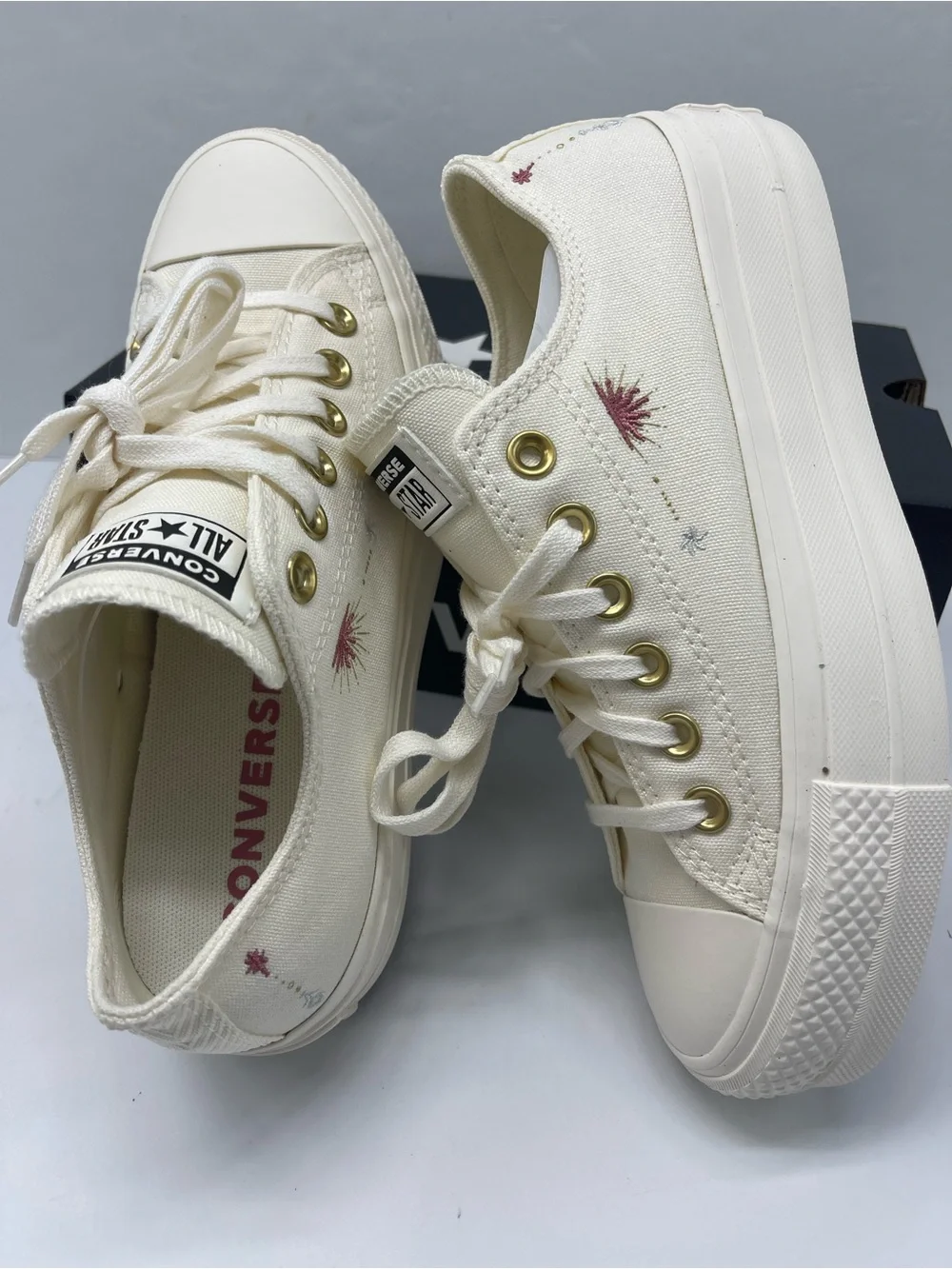 Converse STAC LIFT OX Platform Low Top Sneakers in Cream with Embroidered EGRET