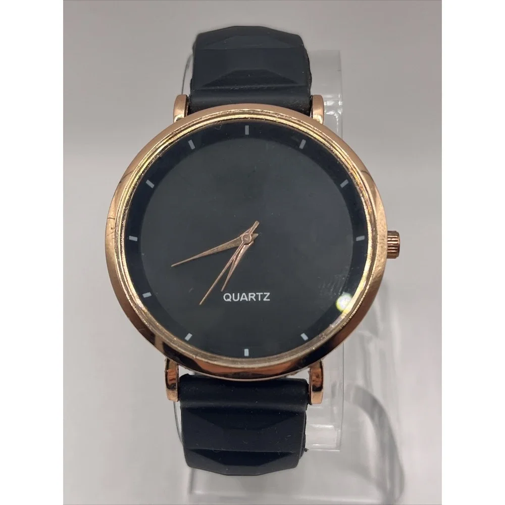 Unisex Quartz Watch Rose Gold‎ 39mm Case Black Silicone Band- New Battery