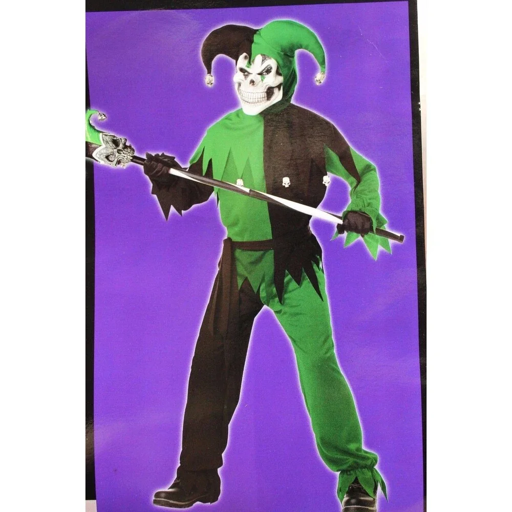 Boys LRG 10 12 Evil‎ Jester Joker Halloween Renaissance Costume Skeleton NEW