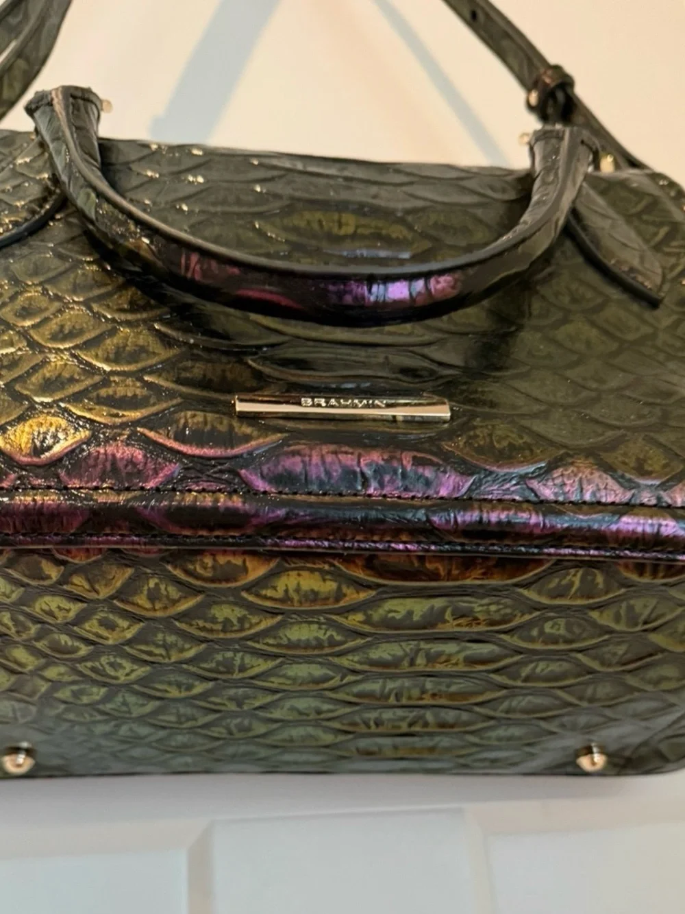 Brahmin Iridescent Purple Embossed Satchel Handbag
