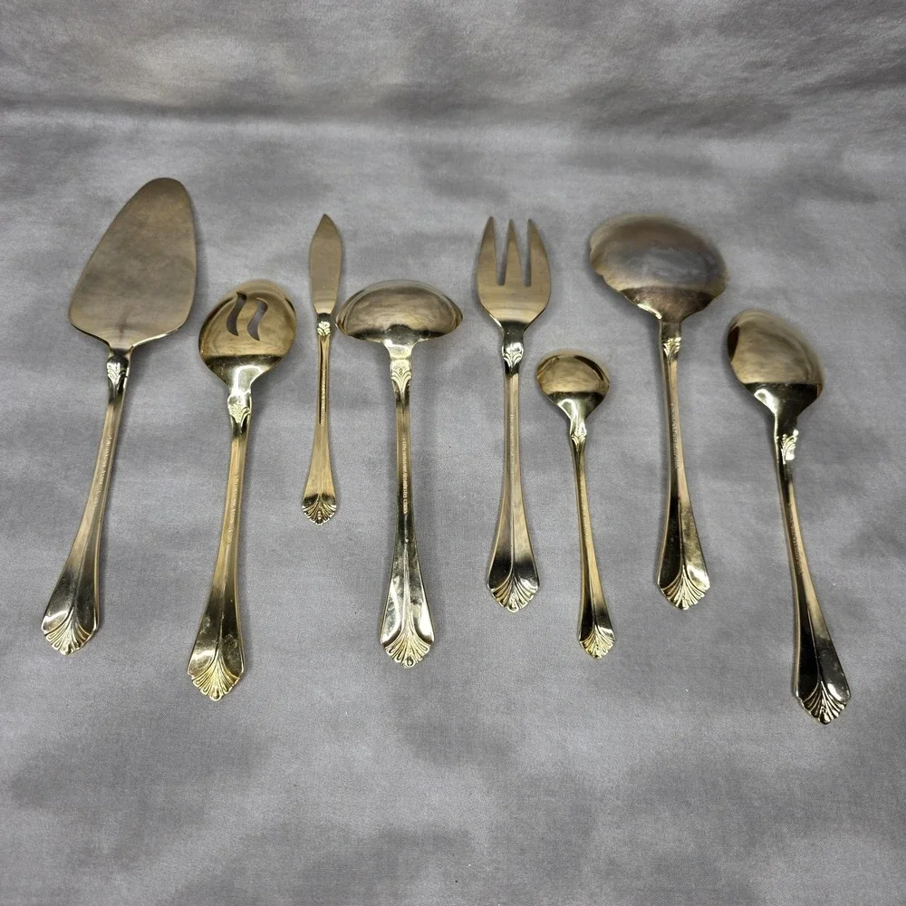 (X8) International Silver INS398 Gold Electroplate Varied Serving Flatware Vtg