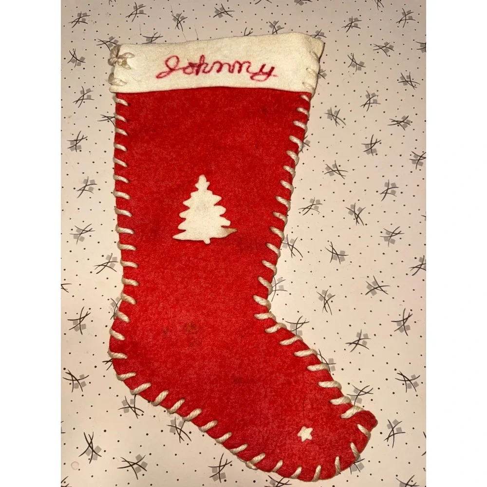 Vintage Red Felt Christmas Stocking Handmade Johnny Whipstitch Tree Star 11in